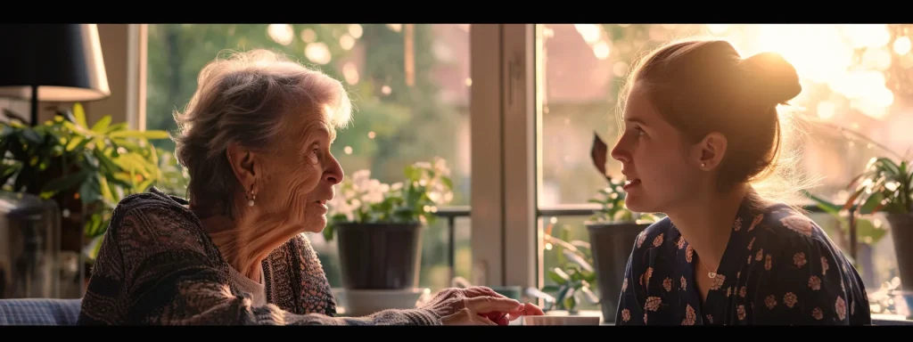 a compassionate volunteer sitting beside an elderly woman, holding her hand and offering a listening ear as they chat over a cup of tea.