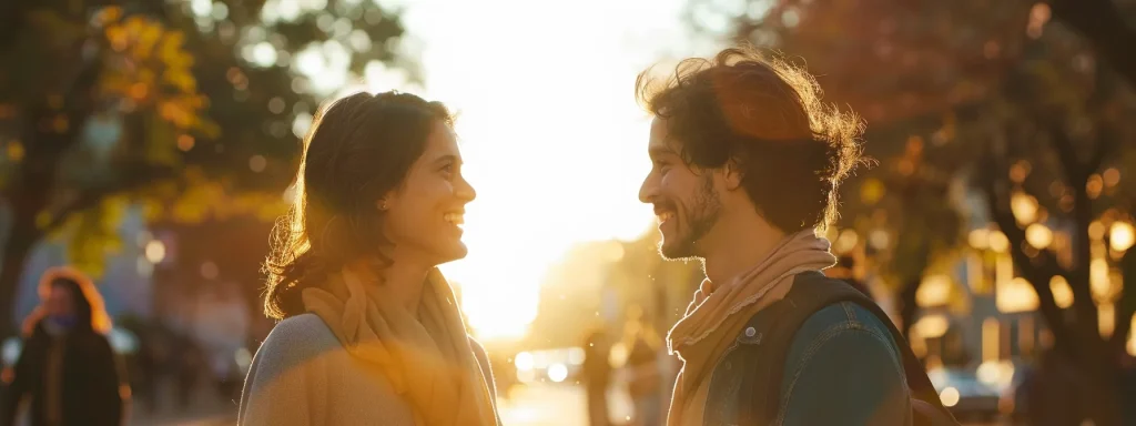 two people engaged in a lively conversation, gesturing and smiling at each other.