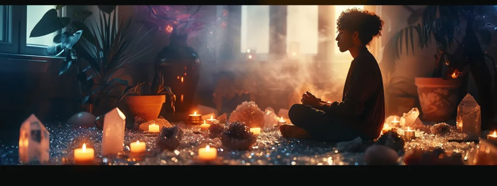 a person sitting in a tranquil room surrounded by crystals and candles, deep in thought.